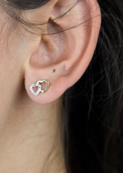 Golden Moments 9ct Yellow Gold Pave Set CZ Double Open-Heart Stud Earrings