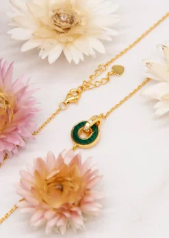Golden Moments Gold Plated Round Malachite CZ Linked Rings Necklace