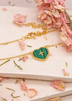 Golden Moments Gold Plated Heart Malachite with Cross Detail Necklace