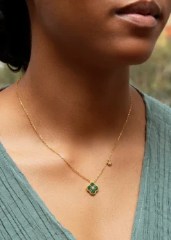 Golden Moments Gold Plated Clover Malachite CZ Accent Necklace