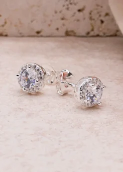 Golden Moments Sterling Silver CZ Halo Stud Earrings