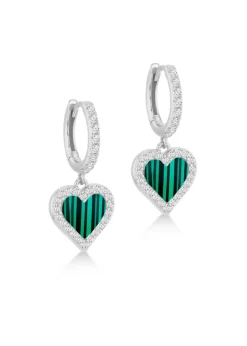 Golden Moments Sterling Silver Malachite and CZ Heart Drop Earring