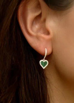 Golden Moments Sterling Silver Malachite and CZ Heart Drop Earring