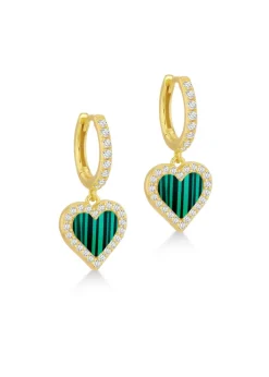 Golden Moments Sterling Silver Yellow Gold Plated Malachite and CZ Heart Drop Earring