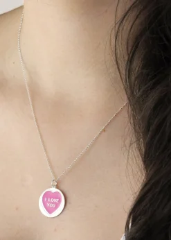 Golden Moments Sterling Silver 18mm 'I Love You' Pink Heart Disc Necklace