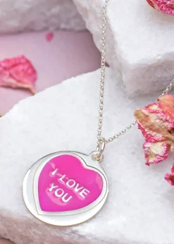 Golden Moments Sterling Silver 18mm 'I Love You' Pink Heart Disc Necklace