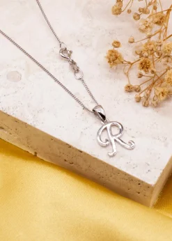 Golden Moments Sterling Silver Diamond 'R' Initial Necklace