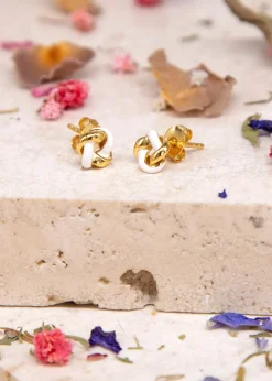 Golden Moments Yellow Gold Plated White Enamel Small Knot Studs