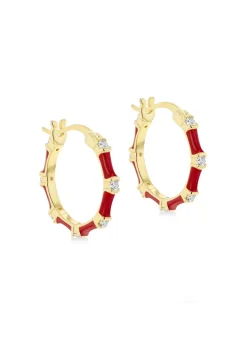 Golden Moments Yellow Gold Plated CZs Red Enamel Hoop Earrings