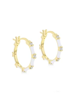 Golden Moments Yellow Gold Plated CZs White Enamel Hoop Earrings
