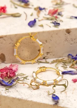 Golden Moments Yellow Gold Plated CZs White Enamel Hoop Earrings