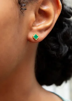 Golden Moments Yellow Gold Plated Clover Malachite Stud Earrings
