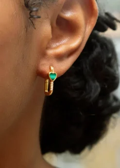 Golden Moments Yellow Gold Plated Heart Malachite CZ Huggy Earrings