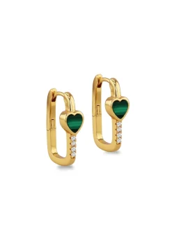 Golden Moments Yellow Gold Plated Heart Malachite CZ Huggy Earrings