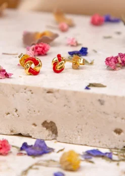 Golden Moments Yellow Gold Plated Red Enamel Small Knot Studs