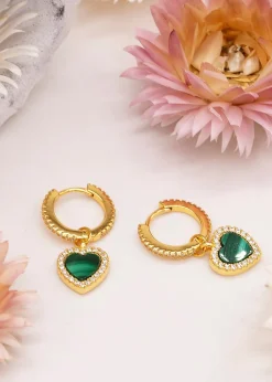 Golden Moments Yellow Gold Plated Heart Malachite CZ Huggy Hoop Drop Earrings
