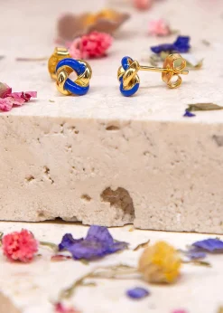 Golden Moments Yellow Gold Plated Blue Enamel Small Knot Studs