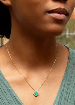 Golden Moments Yellow Gold Plated Clover Malachite CZ Necklace