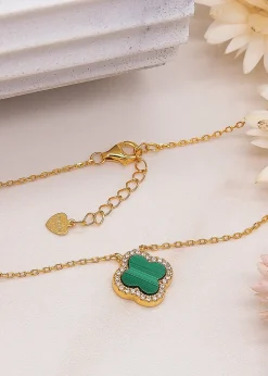 Golden Moments Yellow Gold Plated Clover Malachite CZ Necklace
