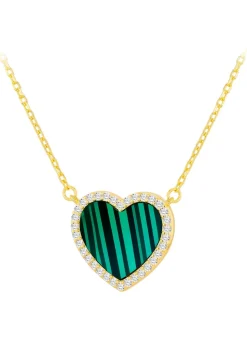 Golden Moments Yellow Gold Plated Heart Malachite and CZ Necklace