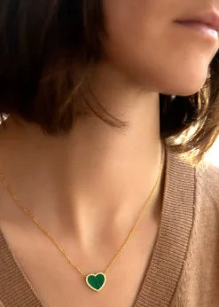 Golden Moments Yellow Gold Plated Heart Malachite and CZ Necklace