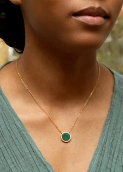 Golden Moments Yellow Gold Plated Round Malachite and CZ Necklace