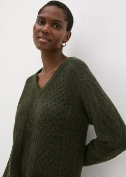 Green Cable Knit V-Neck Mini Dress