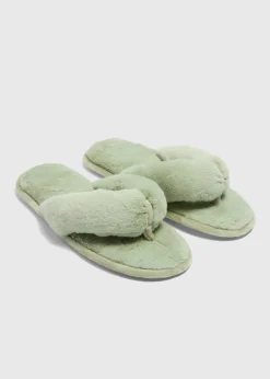 Green Faux Fur Toe Post Slippers