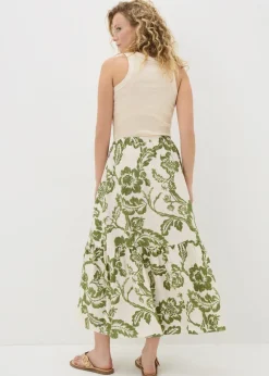 Green Floral Button Front Tiered Midaxi Skirt