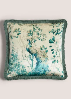 Green Peacock Print Fringe Edge Cushion (43cm x 43cm)