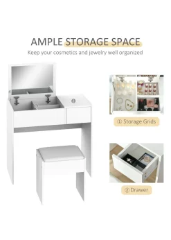 HOMCOM White Dressing Table Set with Flip-up Mirror (80cm x 40cm x 79cm)