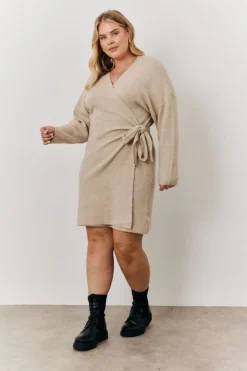 In The Style Oatmeal Knitted Wrap Dress