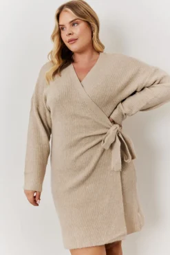 In The Style Oatmeal Knitted Wrap Dress