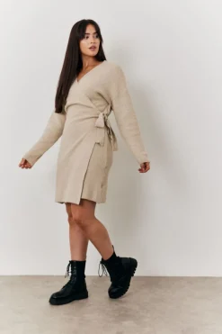 In The Style Oatmeal Knitted Wrap Dress