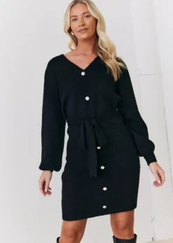 In The Style Stacey Solomon Black Pearl Button Detail Knit Belted Mini Dress