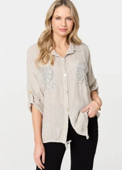 Izabel London Beige Sequin Detail 3/4 Turn-Up Sleeve Shirt