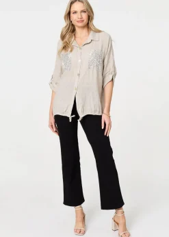 Izabel London Beige Sequin Detail 3/4 Turn-Up Sleeve Shirt