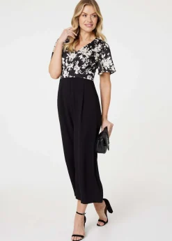 Izabel London Black Floral Block Print Wide Leg Jumpsuit