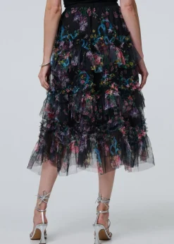 Izabel London Black Floral Semi Sheer Mesh Ruffled Midi Skirt