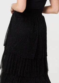 Izabel London Black Metallic Textured Tiered Midi Skirt