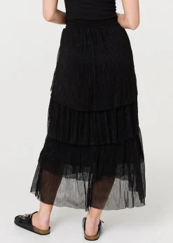Izabel London Black Metallic Textured Tiered Midi Skirt