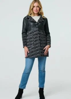 Izabel London Black Printed Faux Leather Trim Teddy Jacket