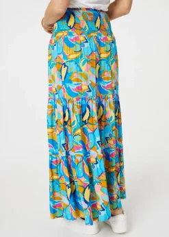 Izabel London Blue Abstract Shirred High Waist Maxi Skirt