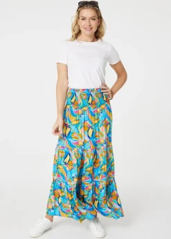 Izabel London Blue Abstract Shirred High Waist Maxi Skirt