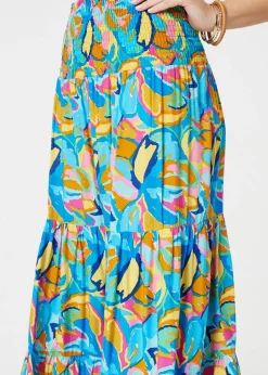 Izabel London Blue Abstract Shirred High Waist Maxi Skirt