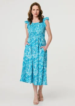 Izabel London Blue Floral Ruffled Cap Sleeve Midi Dress
