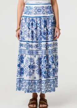 Izabel London Blue Mosaic Print High Waist Tiered Maxi Skirt