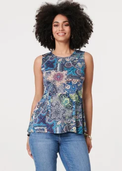 Izabel London Blue Paisley Sleeveless Round Neck Top