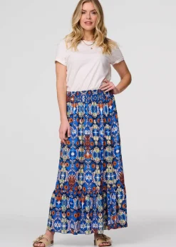 Izabel London Blue Printed Shirred High Waist Maxi Skirt