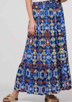 Izabel London Blue Printed Shirred High Waist Maxi Skirt